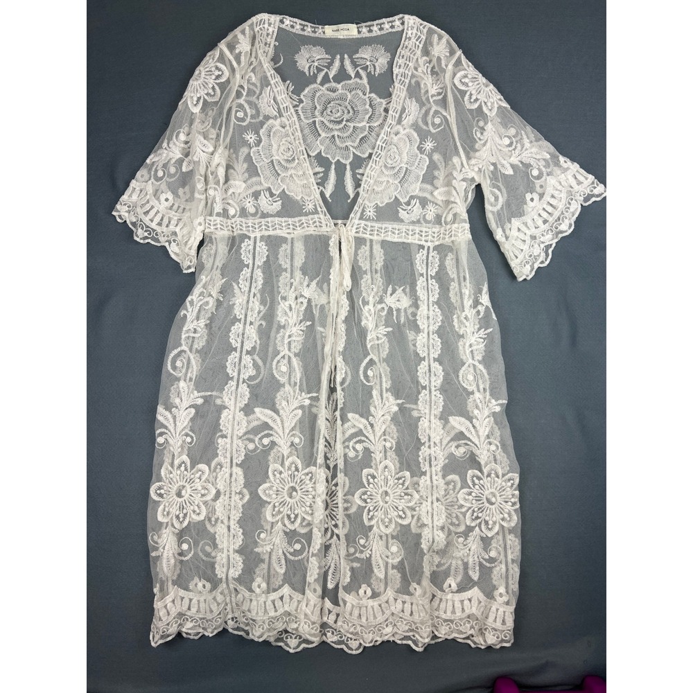 Nare Moda‎ Lace Kimono Cover Up Boho Festival Fairycore Duster White Lace Large